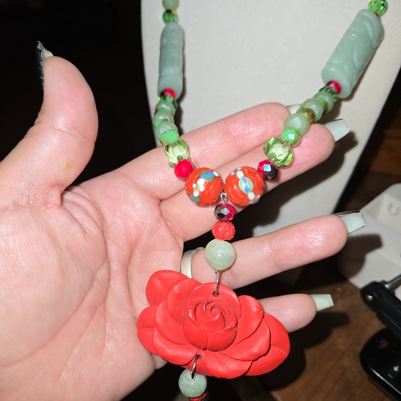 Artisan Jade & Carved Red Rose Cinnabar Crystal Necklace - Picture 6 of 11